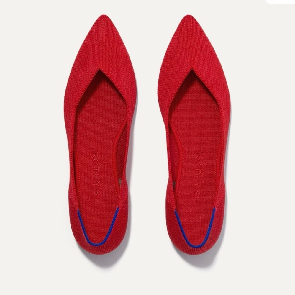 Rothy's Red Pointed Toe Flats with Blue Heel Trim Size 8 - Picture 3 of 11